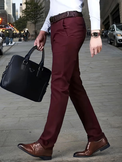 Men's Sleek Stretch Dress Pants - Solid Color Black, Comfort Fit with Subtle Stretch, Polyester Fabric, Mid-Rise, Machine Washable, Perfect for Business Casual & All-Season Wear, Business Casual Pants | Sleek Trousers | Easyc