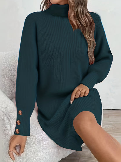 Women's Dark Green (Navy/Turquoise-Free) Sweater Dress - High Neck Collar & Single-Breasted Button Front, A-Line Silhouette Long Sleeve Coat Dress for Winter,, Office, Semi-Formal Wear (Hand Washable)