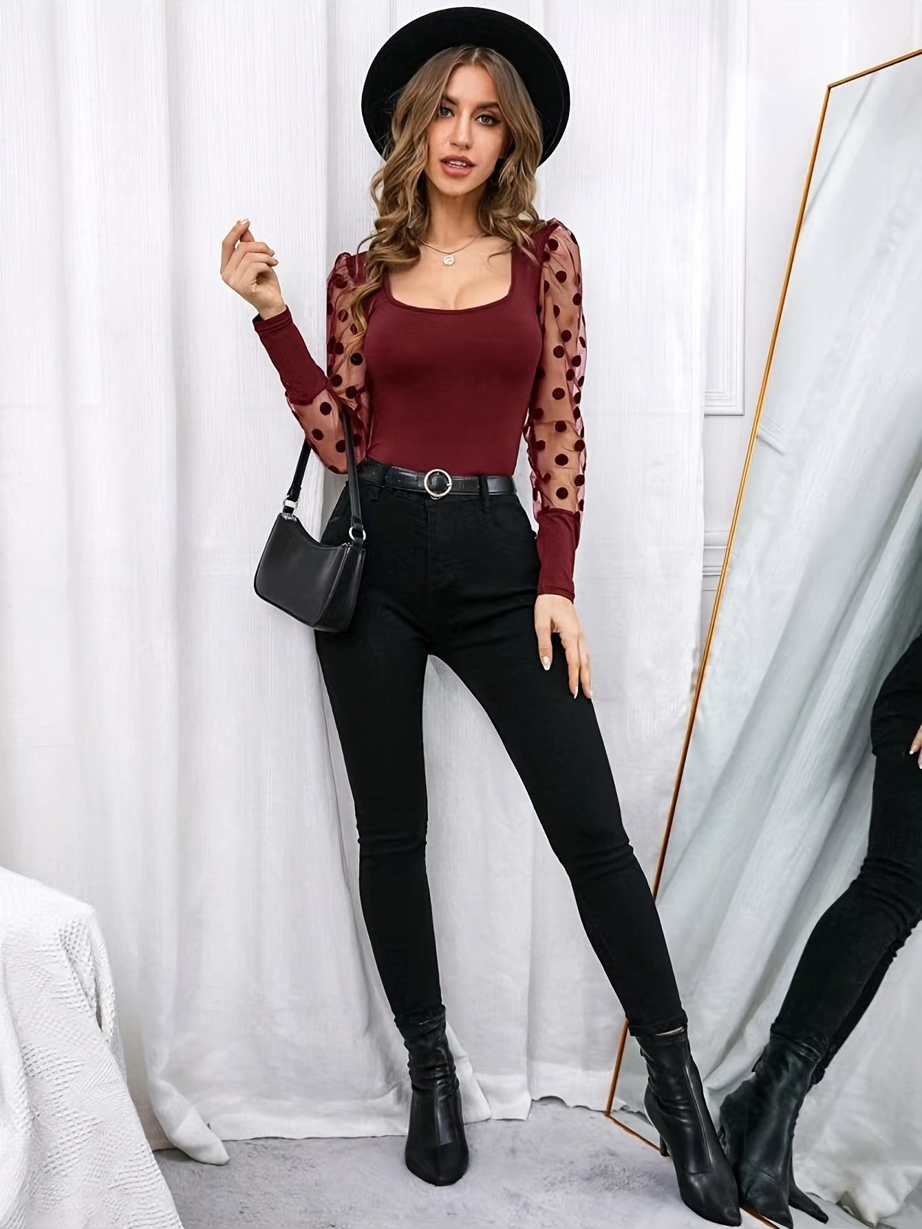 Նոր ոճի U-ձև օձիքով ցանցկեն, պոլկա կետերով երկար թևքով, միագույն, ներքնազգեստով, ամենօրյա, բազմակողմանի վերնաշապիկ