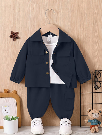 2pcs Boys' Casual Outfit Set - Light Gray Polyester Cargo Pants & Button-Up Shirt with Pockets, Machine Washable - Perfect for Fall/Winter, Autumn Toddler Outfit|Cargo Pants Outfit|Functional Pockets Design, Perfect for Outdo