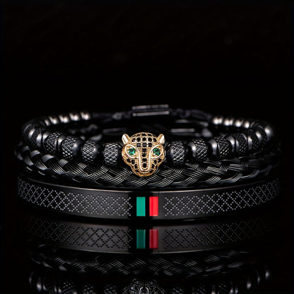 European and American Classic Light Luxury Leopard Head Handmade Braided Men's Bracelet Red Green Drop Glue Bracelet Set