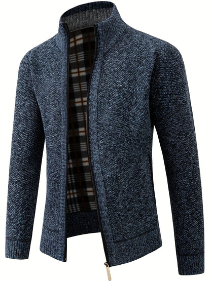 Men's Solid Fleece Knitted Cardigan With Pockets, Casual Long Sleeve Turtle Neck Zip Up Warm Sweater For Winter Fall Outdoor Activities