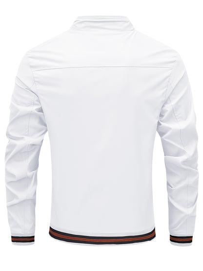 Men's Stand Collar Long Sleeve Zip Up Sports Jacket With Contrast Trim Design, Men's Spring Fall Outwear, As Gifts