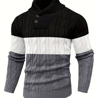 Men's Business Style Color-Block Sweater, Fashionable Trendy Spliced Large Lapel Pullover, Versatile Button-Design Sweatshirt