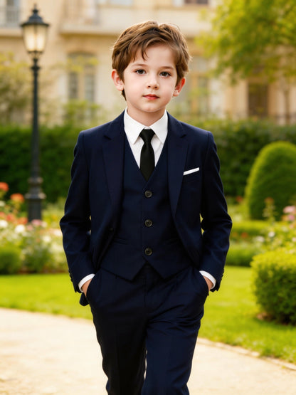 Boys' Korean Style 4-Piece Suit Set with Jacket, Vest, Pants, Tie