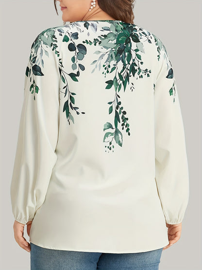 Plus Size Floral Print Blouse, Casual V Neck Long Sleeve Blouse For Spring, Women's Plus Size Clothing