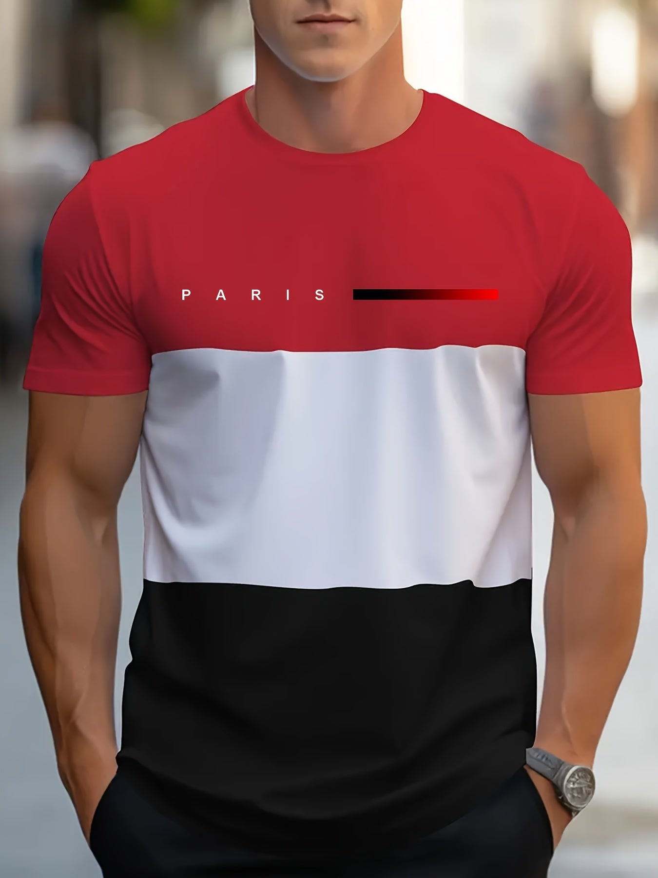 Men's Casual Crew Neck T-Shirt with Paris Print, Short Sleeve Knit Polyester Blend Top for Spring/Summer Outdoor Activities, Tee Shirts