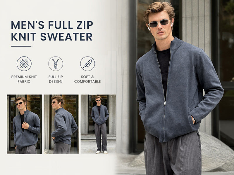 Men's Full Zip Mock Neck Cardigan Sweater with Pattern