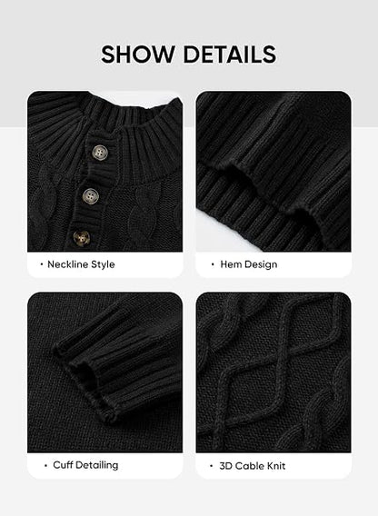 Men's Cable Knit Henley Sweater with Ribbed Stand Collar