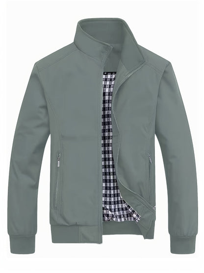 Men's Long Sleeve Zip Up Stand Collar Coat, Business Stand Collar Jacket With Zipper Pockets, Spring Autumn Men's Clothing
