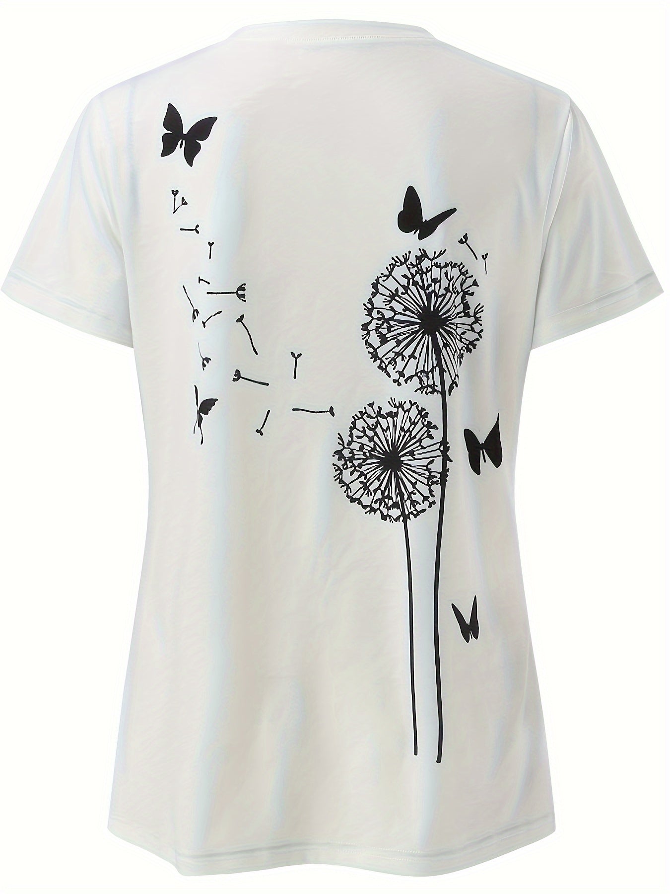 Dandelion &amp; Butterfly Print T-shirt, Casual Crew Neck կարճ թև վերնաշապիկ գարնան և ամառի համար, կանացի հագուստ