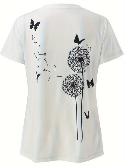 Dandelion &amp; Butterfly Print T-shirt, Casual Crew Neck կարճ թև վերնաշապիկ գարնան և ամառի համար, կանացի հագուստ