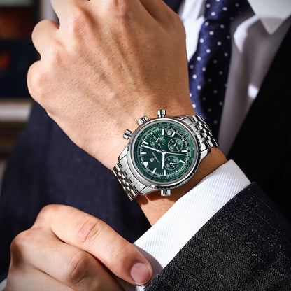 POEDAGAR Men's Luxury Stainless Steel Watch, Chronograph, Calendar, Date Display, Green Dial with Black Bezel & Roman Numerals, Quartz Movement, Casual to Business Style, Suitable for Women
