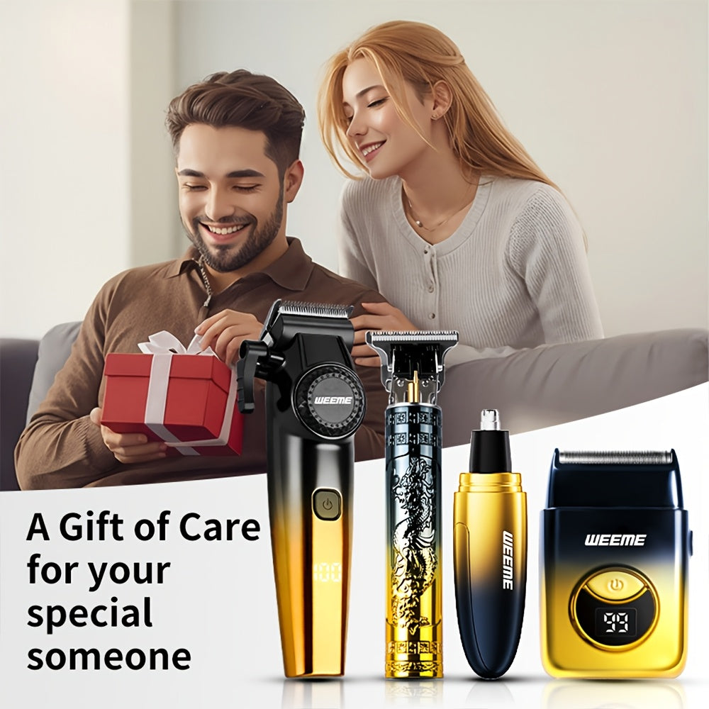 WEEME 4pcs Hair Clipper for Men Set, Cordless Electric Hair Clipper, T-Shaped Beard Trimmer & Nose Hair Trimmer, Electric Shaver, Professional Haircutting and Beauty Kit for Men Grooming, Home Barber Use, Precision Styling To