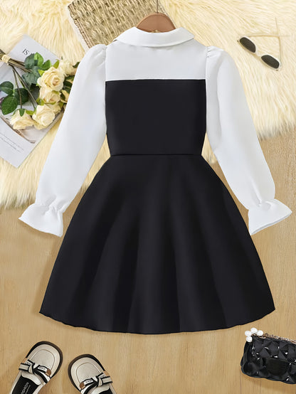 Girls' Elegant Spring-Fall Dress with Ruffled Shirt and Suspender Skir