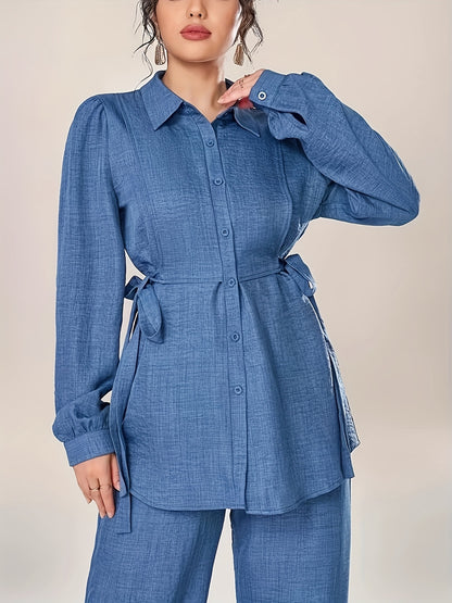 Women's Two-Piece Set with Front Buckle Long Sleeve Casual Top and Trousers