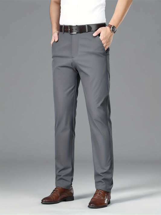 Men's Lightweight Summer Casual Pants, Slim Straight Fit, Polyester, Mid-Rise, Built-in Zipper, Regular Length - Ideal for Casual Attire