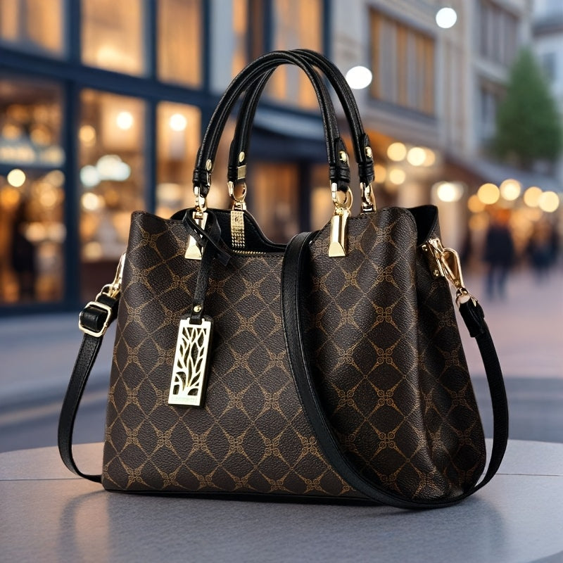Women's Top-Grain Leather Handbag with Adjustable Strap - Geometric Pr