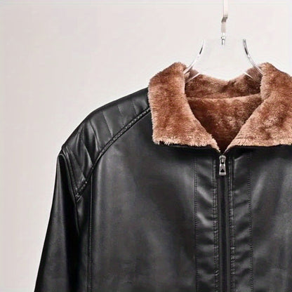Men'S Faux Leather Jacket with Fleece Lining, a Warm Winter Coat Featuring a Stand Collar And Zip Closure, Stylish Casual Menswear, Available in Black/Brown Fashionable Motorcycle Jacket, Windproof And Warm, Perfect for Cold