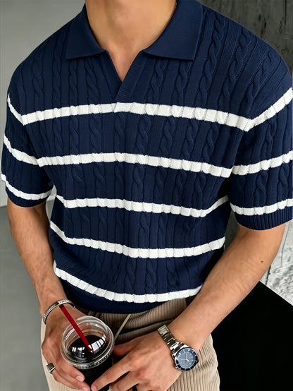 Men's Summer Polo Shirt Striped Knit Casual Short Sleeve