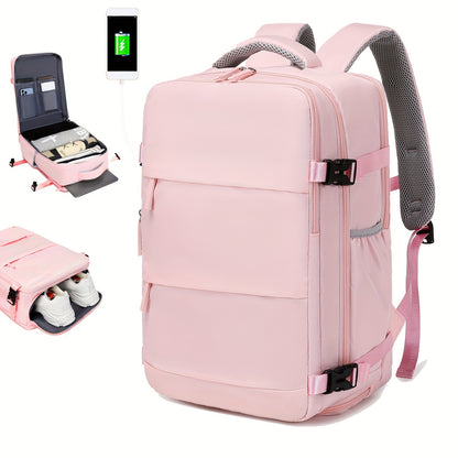 Women'S Travel Backpack, Flight Approved, Expandable Large Capacity Luggage Daypack, Business Weekend Bag with Shoe Compartment, Back to School Backpack, Solid Color, Polyester, Adjustable Strap, Zipper Closure, USB Powered,