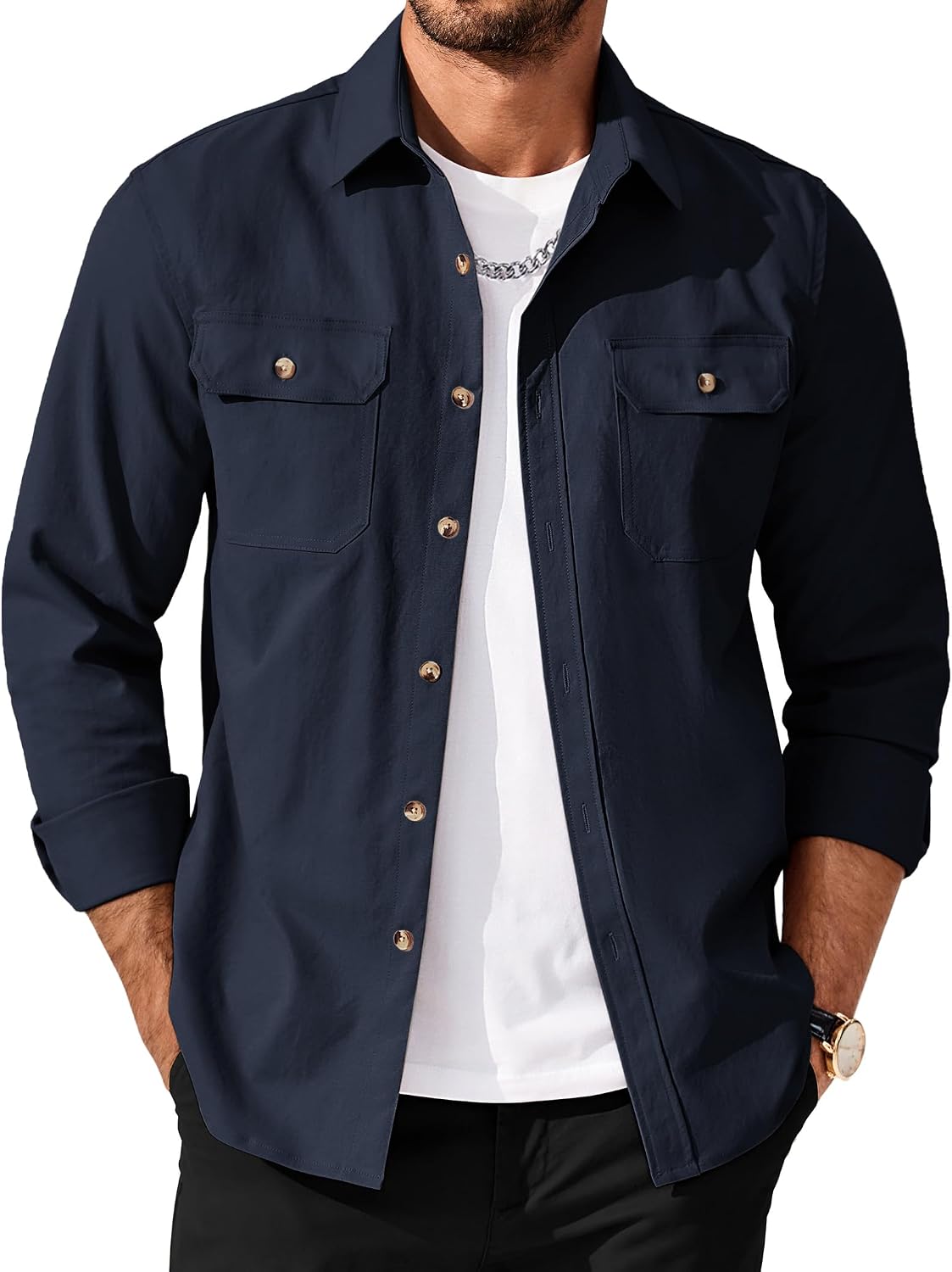 Men's Long Sleeve Button-Up Shirt Jacket with Flap Pockets
