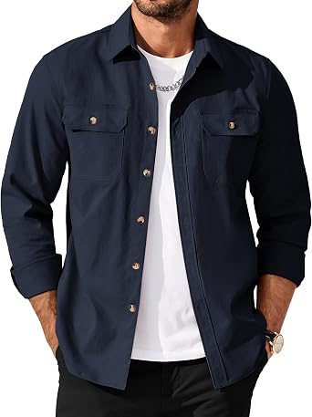 Men's Long Sleeve Button-Up Shirt Jacket with Flap Pockets