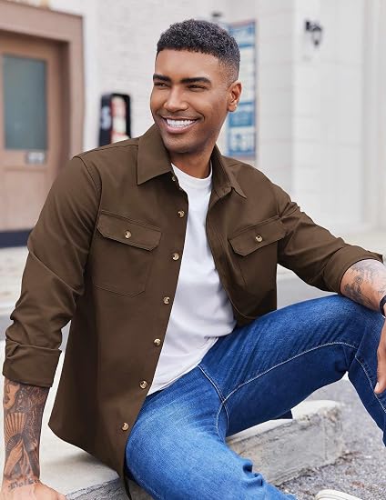 Men's Long Sleeve Button-Up Shirt Jacket with Flap Pockets
