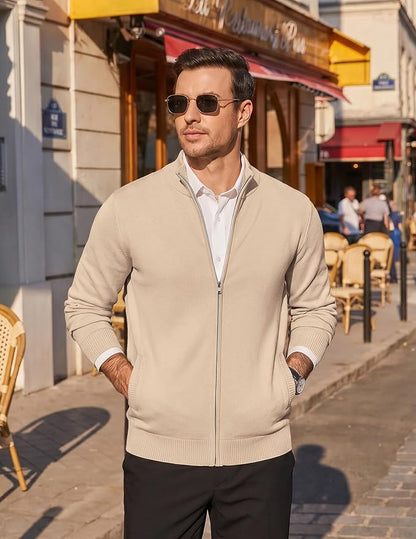 Men's Full Zip Mock Neck Cardigan Sweater with Pattern