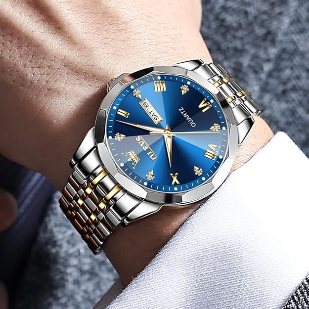 OLEVS Men's Two-Tone Luxury Analog Quartz Watch Blue