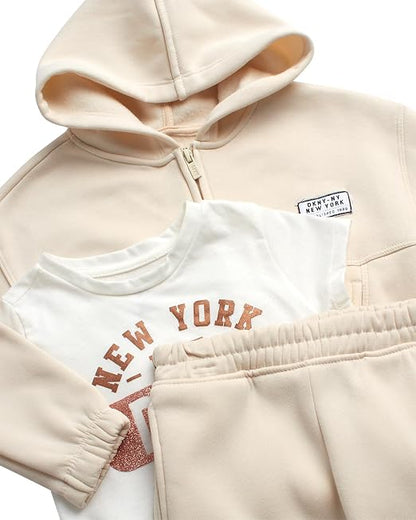 DKNY Baby Girls' 3-Piece Fleece Hoodie, Jogger & Tee Set
