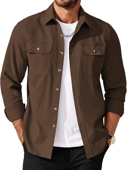 Men's Long Sleeve Button-Up Shirt Jacket with Flap Pockets