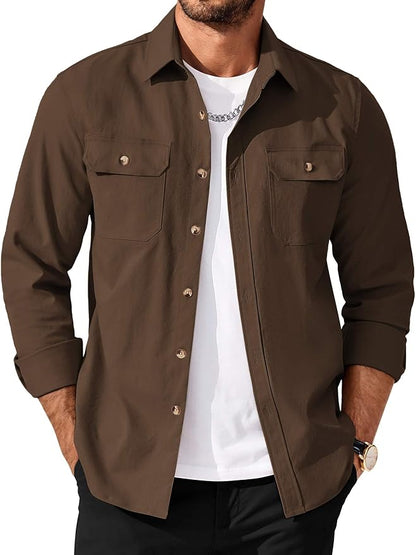 Men's Long Sleeve Button-Up Shirt Jacket with Flap Pockets