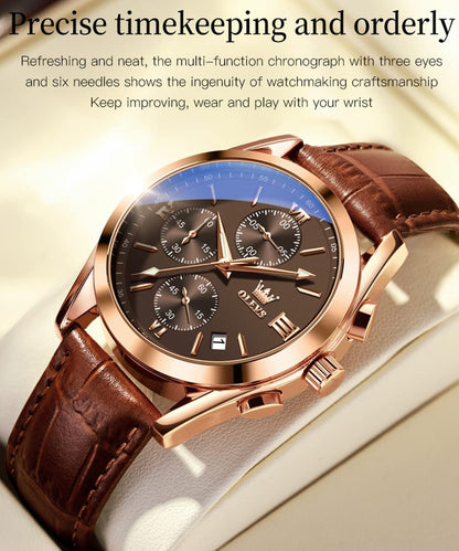 OLEVS Men's Waterproof Leather Band Quartz Watch