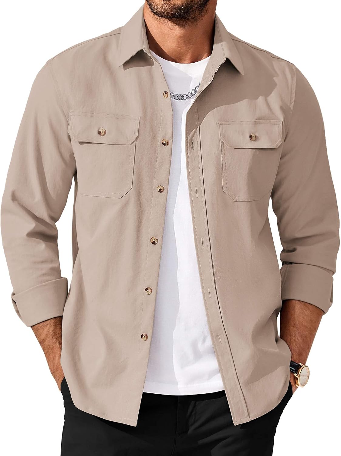 Men's Long Sleeve Button-Up Shirt Jacket with Flap Pockets