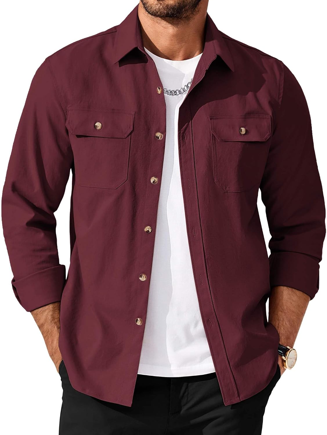 Men's Long Sleeve Button-Up Shirt Jacket with Flap Pockets