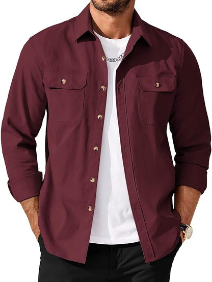 Men's Long Sleeve Button-Up Shirt Jacket with Flap Pockets