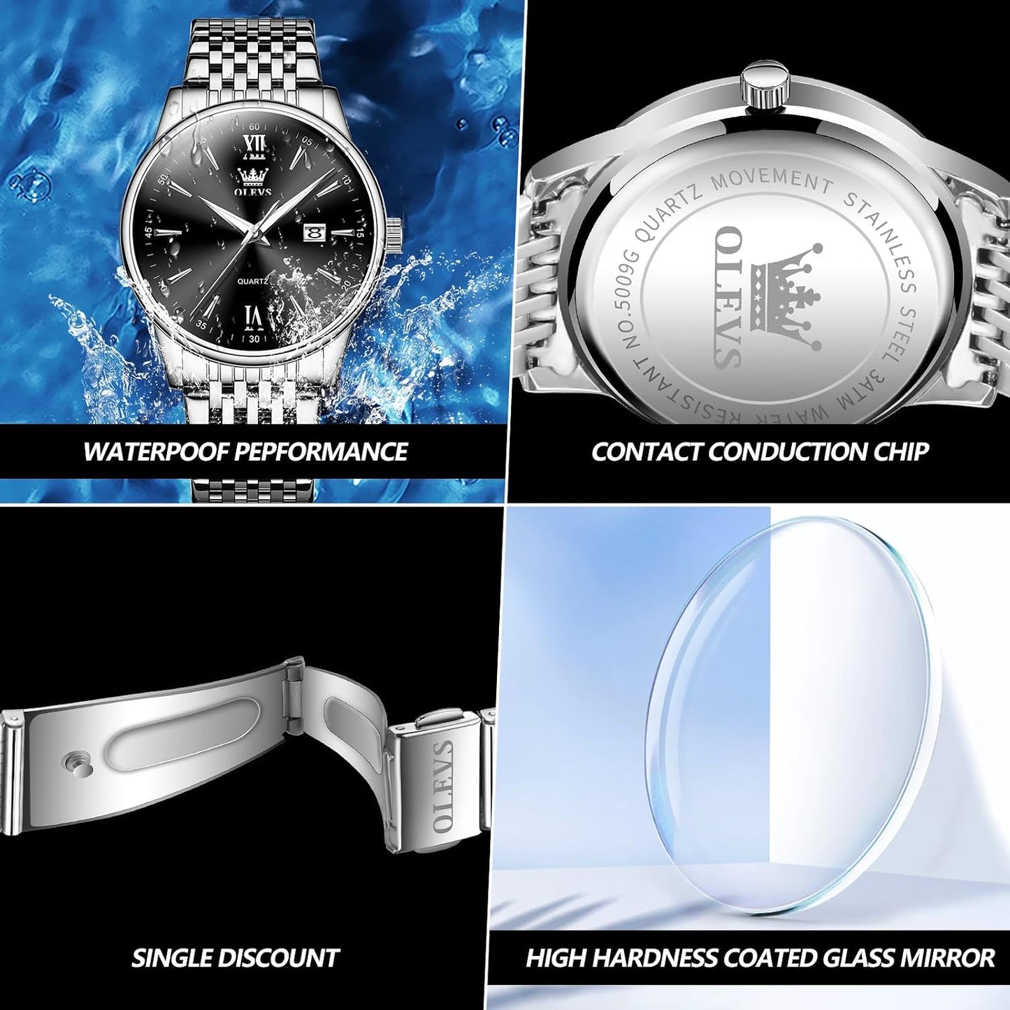 OLEVS Men's Classic Silver Stainless Steel Roman Watch