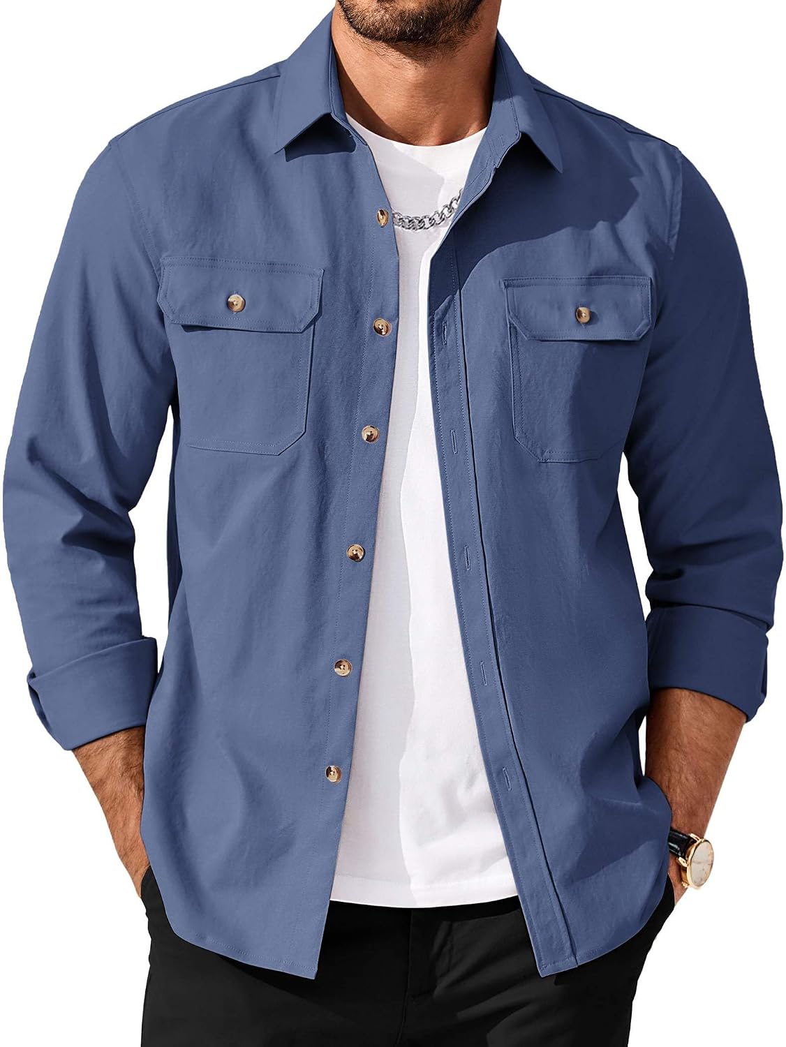 Men's Long Sleeve Button-Up Shirt Jacket with Flap Pockets