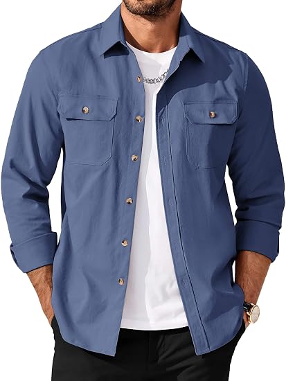 Men's Long Sleeve Button-Up Shirt Jacket with Flap Pockets