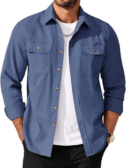 Men's Long Sleeve Button-Up Shirt Jacket with Flap Pockets