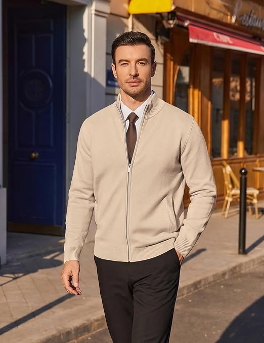 Men's Full Zip Mock Neck Cardigan Sweater with Pattern