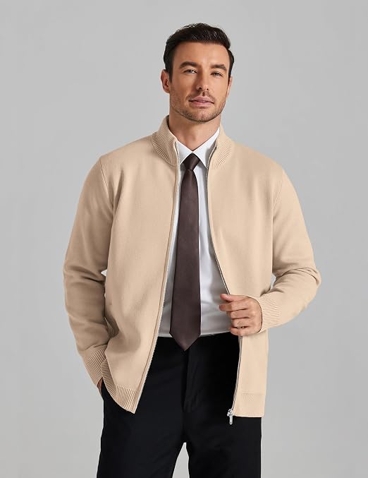Men's Full Zip Mock Neck Cardigan Sweater with Pattern