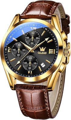 OLEVS տղամարդու ամենօրյա կաշվե խրոնոգրաֆ ժամացույց, անջրանցիկ