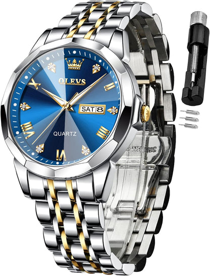 OLEVS Men's Two-Tone Luxury Analog Quartz Watch Blue