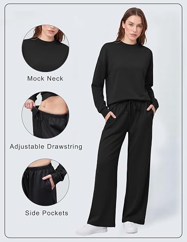 Ekouaer Women's Mock Neck Lounge Set with Wide Leg Pants