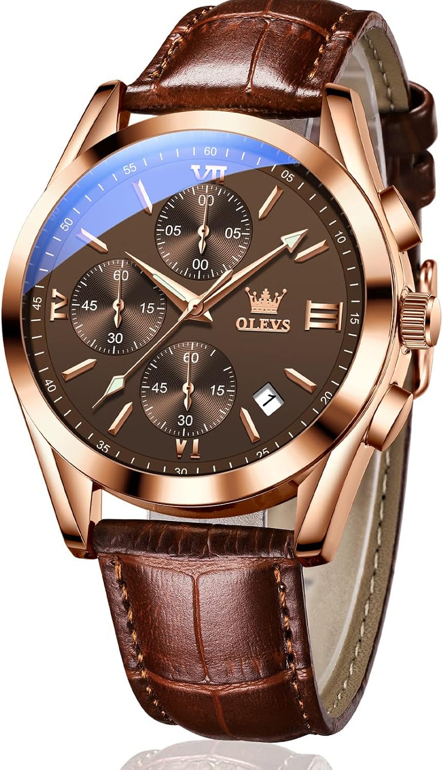 OLEVS Men's Waterproof Leather Band Quartz Watch