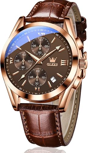 OLEVS Men's Waterproof Leather Band Quartz Watch
