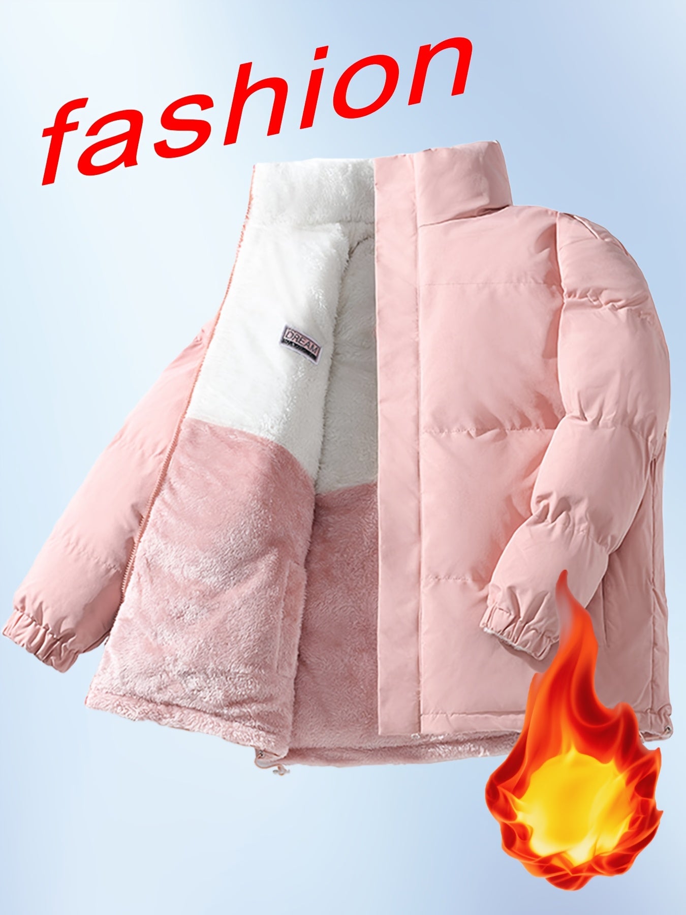 Տղամարդու երկկողմանի բրդյա ծածկույթով հաստ բաճկոն՝ առօրյա կանգնած օձիքով՝ տառերի տպագրությամբ, սովորական չափսերով, գրպաններով, պոլիեսթերային լցոնով, բազմակողմանի աշուն/ձմեռ համար, ձմեռային բաճկոն