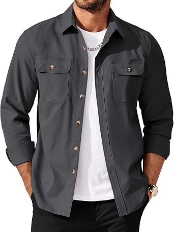 Men's Long Sleeve Button-Up Shirt Jacket with Flap Pockets
